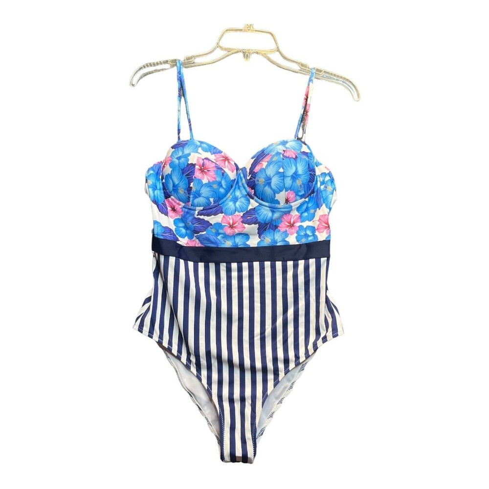 CUPSHE Stripe and Floral One Piece Swimsuit Bathing Suit Push-up NWT Sz L